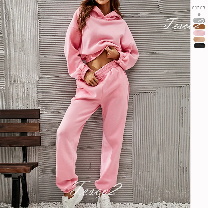 Tesco Women Tracksuit 2 Piece Autumn Solid Hoodies+Pants Casual Sets For Women Warm Sweatshirts Female Sports Suit Outfit