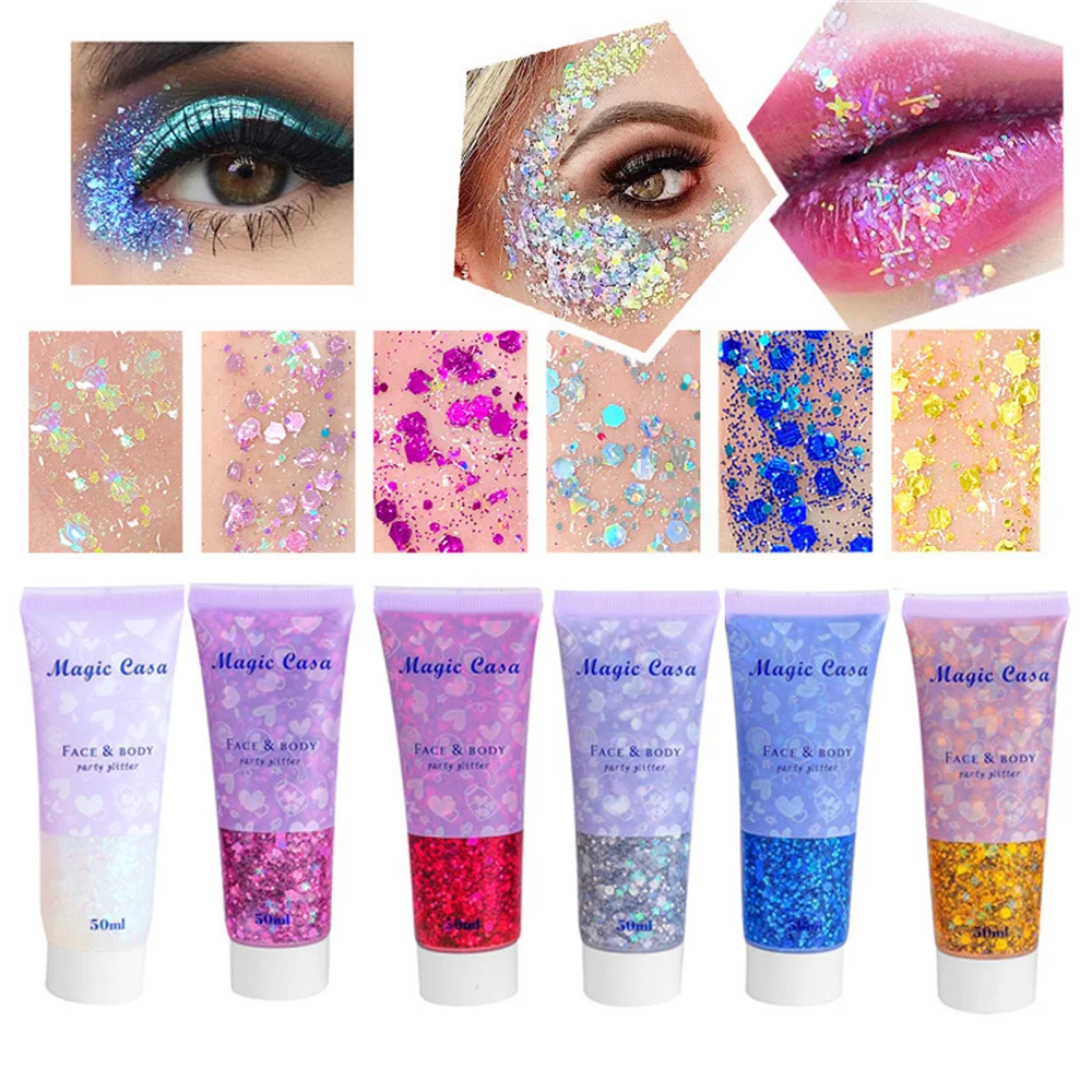 Face Body Glitter Gel 6 Color Set Long Lasting Sparkling Hair Nails Makeup Festival, Glitter Gel Makeup, Holographic Glitter Makeup, Glitter Makeup