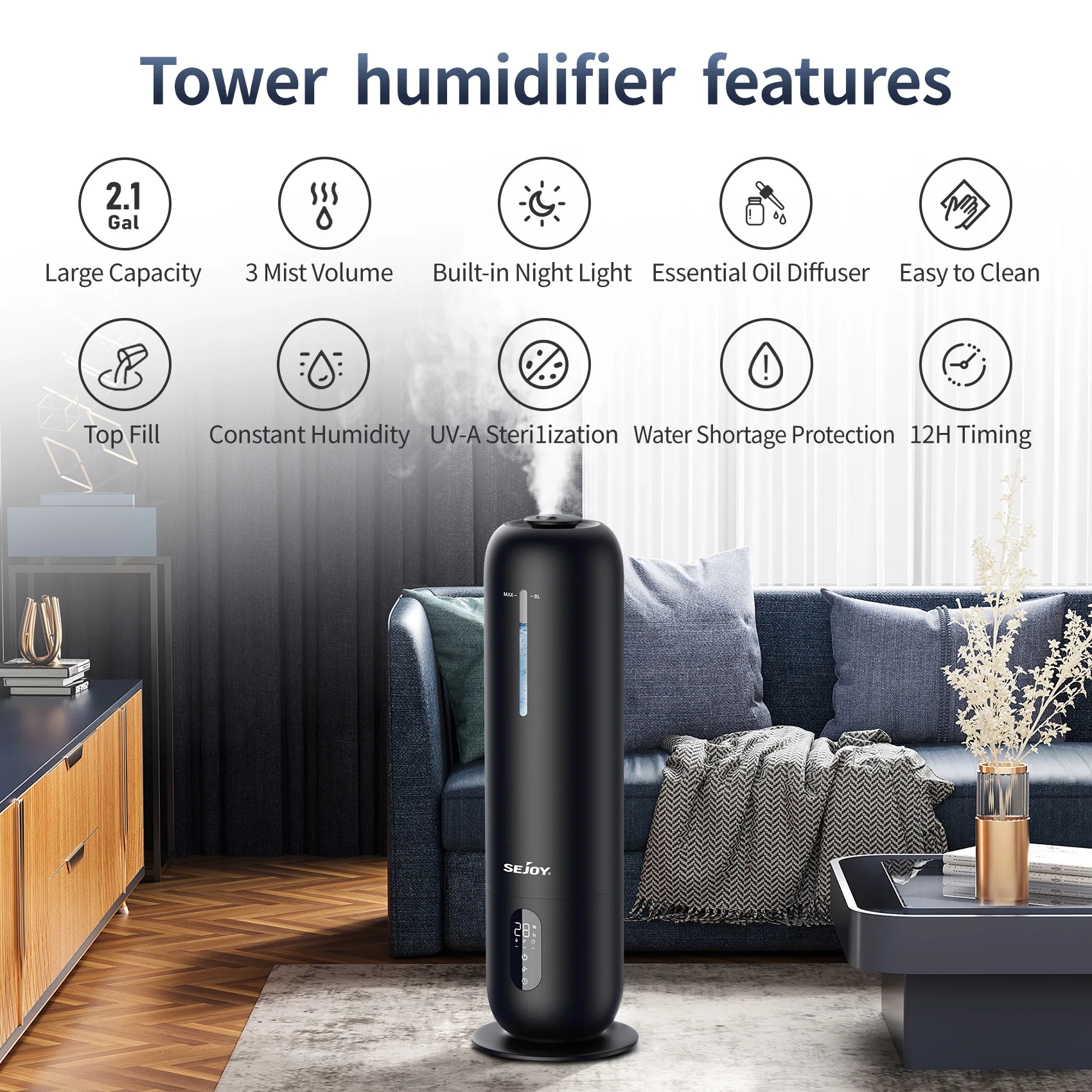 Sejoy-humidificador ultrasónico para habitación grande, difusor de aceite esencial, niebla fría, temporizador, humidificador de aire, adecuado para la Oficina y la familia, 8l 7 Venta de cadena de bolas online Sejoy-humidificador ultrasónico para habitación grande, difusor de aceite esencial, niebla fría, temporizador, humidificador de aire, adecuado para la Oficina y la familia, 8l - Imagen 5