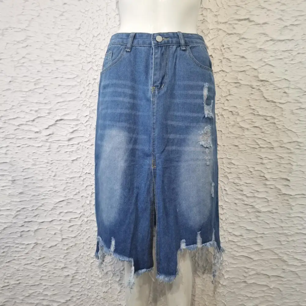 

Office Skirt High Waist Summer Skirt Ripped Holes Tassel Irregular Hem Denim Skirt