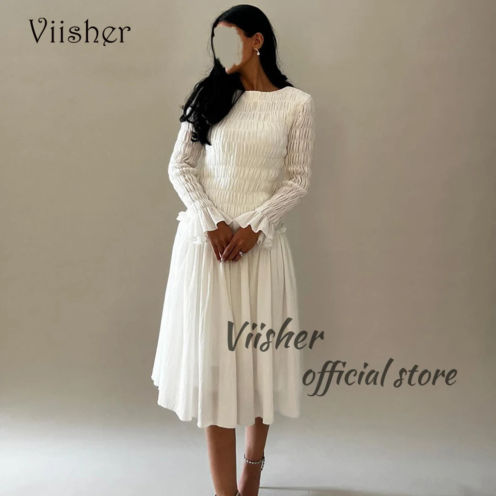 

Viisher White Short Wedding Party Dresses for Women Long Sleeve O Neck Prom Dress Pleats Chiffon Formal Occasion Gowns