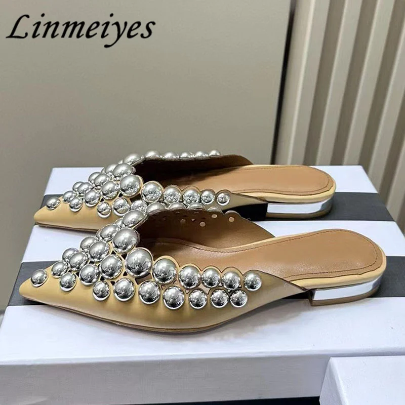 

Женские шлепанцы с острым носком, Роскошные, украшенные жемчугом, модельные вечерние туфли с кристаллами, универсальные, на плоской подошве, лето