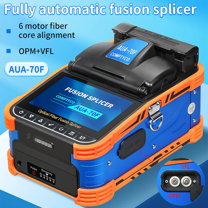 COMPTYCO AUA-70F 광섬유 융착접속기 10개 언어 지원 6개 모터 SM/MM 광섬유 코어 열융착기 내장형 VFL OPM