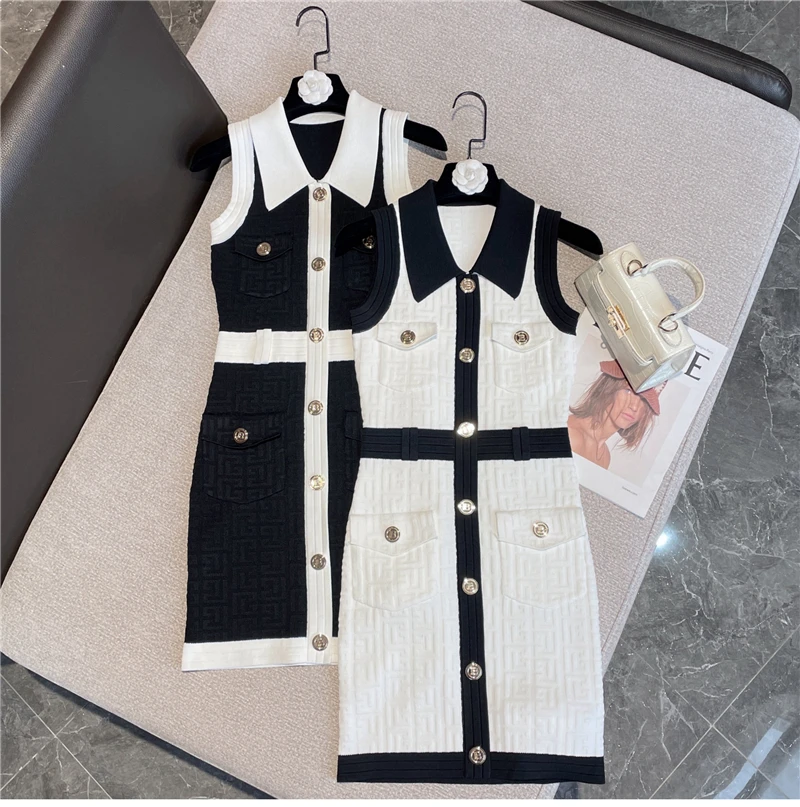 

High Quality Women Summer New Korean Version Temperament Ladies Contrast Color Polo Collar Sleeveless Knitted Dress