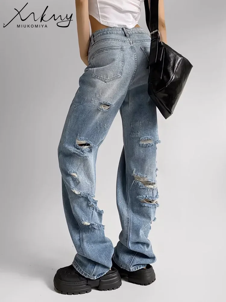MiKoMiYa Summer Ripped Jeans For Woman High Waist Streetwear Straight Women's Denim Pants Ripped White Wide Leg Jean Trousers