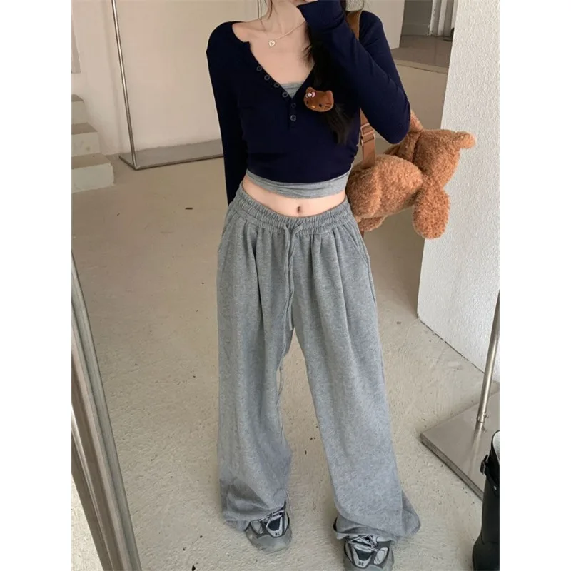 Deeptown Y2k Oversized Sports Gray Sweatpants Woman Baggy Jogging Wide Leg Pants Hip Hop Streetwear  Korean Casual Trousers