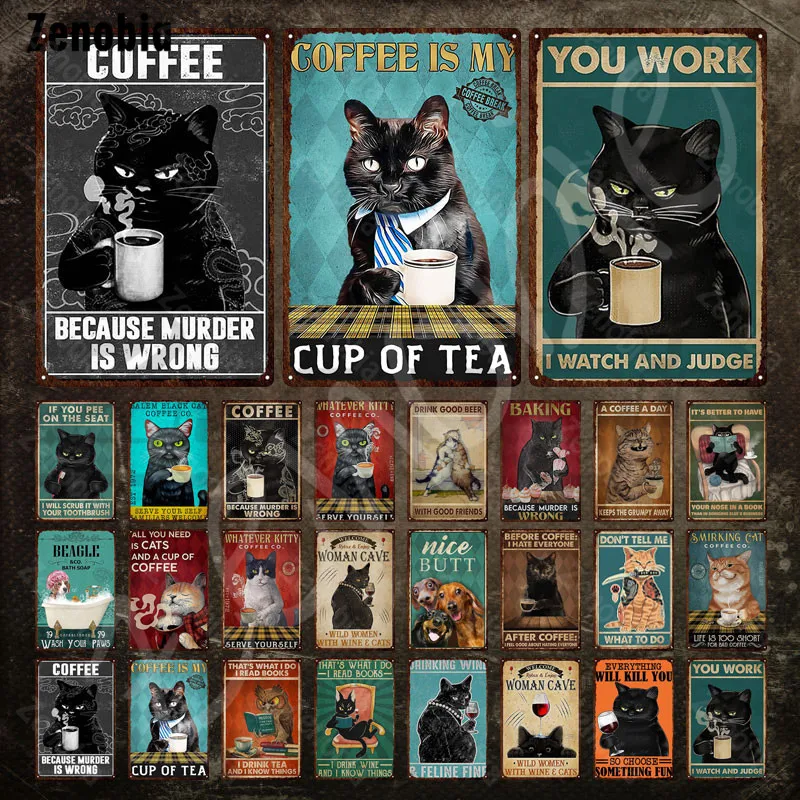 Panneau Métal Vintage Chat Noir Qui Boit Du Café - 20x30cm - Décoration Murale Drôle
