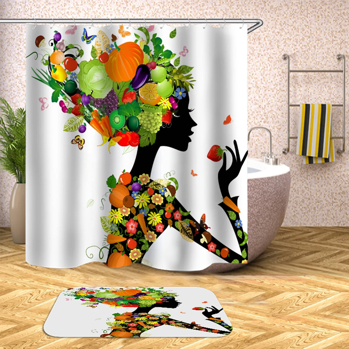 1PSC Waterproof Fruit Girl Shower Curtain Set Kit with Bath Mat Decor