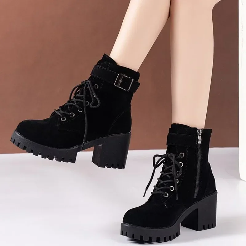 2026 Winter  High Heeled Women Boots Cross Straps Short Boots Comfortable Waterproof Boots Warm Plus Size 42 Botas Femininas