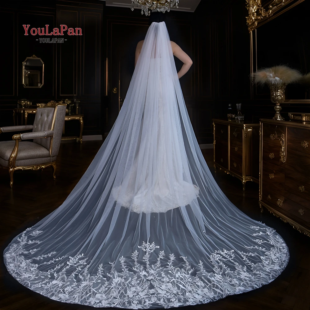 

TOPQUEEN Bridal Floral Lace Cathedral Wedding Veil Single Layer Scalloped Trailing Vestidos Novias Boda Welon Katedralny V162