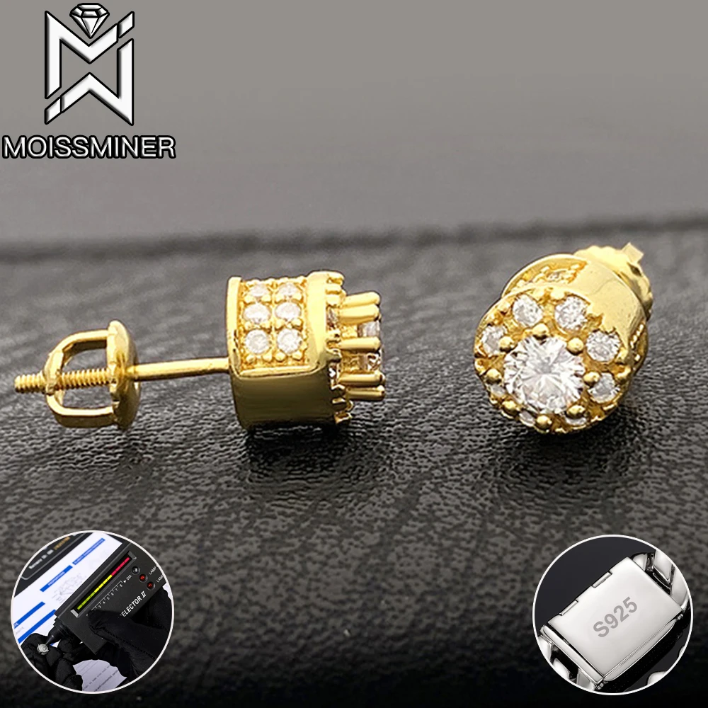 Full Round Moissanite Earrings For Women Real Diamond S925 Silver Ear Studs Men Highend Jewelry