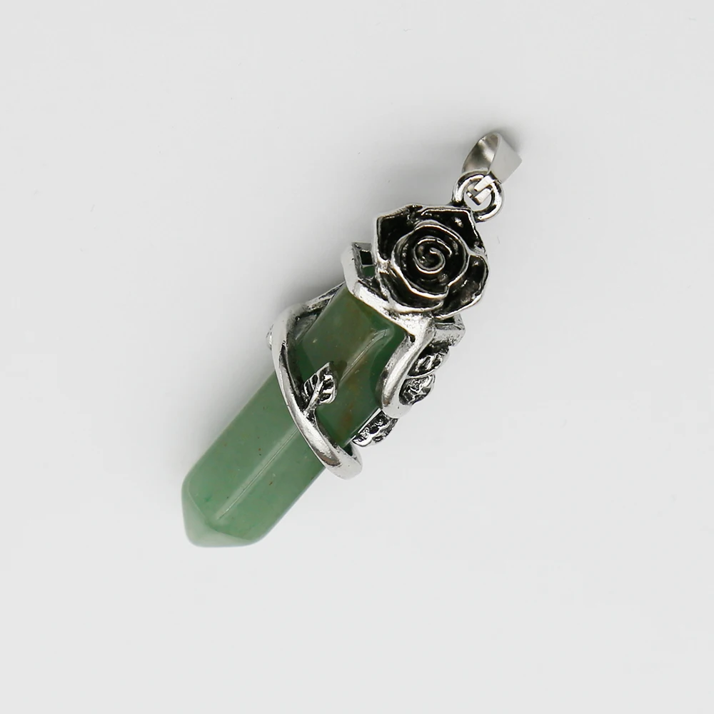 Free Shipping Natural Crystal Gem Hexagram Ancient Silver Rose Pendant Necklaces DIY Fashion Jewelry Accessories Wholesale 5Pcs