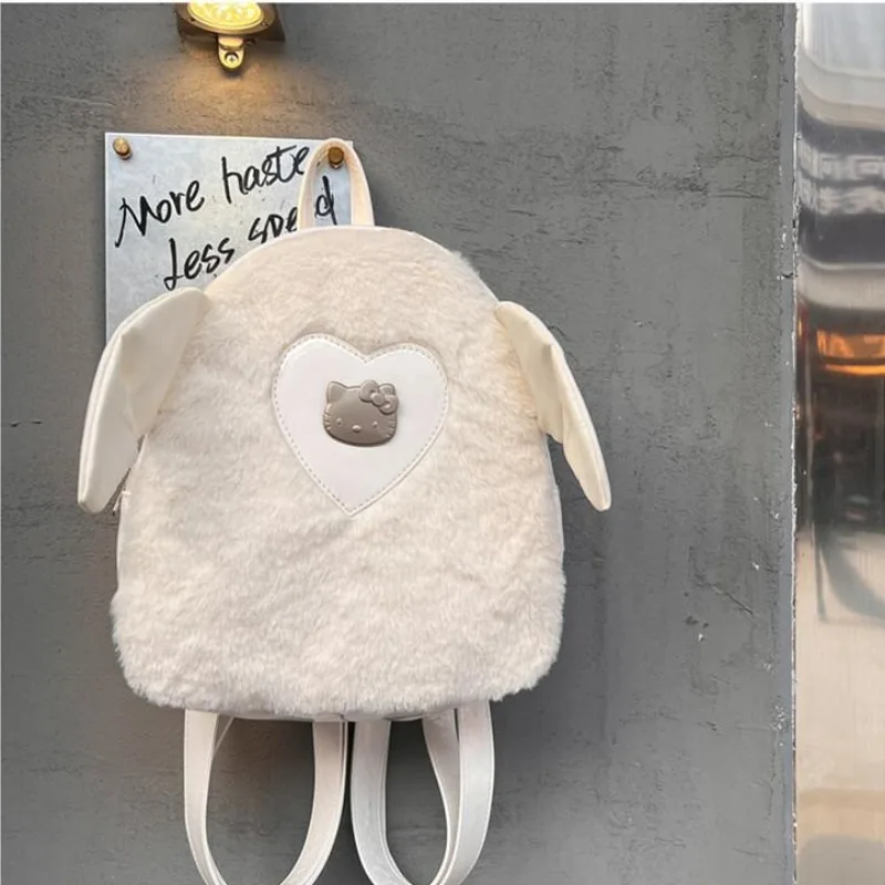 MBTI White Hello Kitty Backpacks for Women Plush Cute Harajuku Fashion Small Backpack Vintage 2024 New Commuter Daily Female Bag