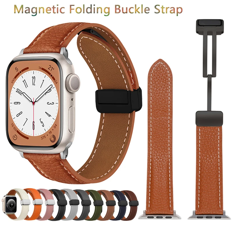 

Magnetic Buckle Leather Strap for Apple Watch Band 45mm 44mm 42mm 41mm 40mm 38mm Ultra 49mm Bracelet iWatch Series 8 7 6 5 4 3 2