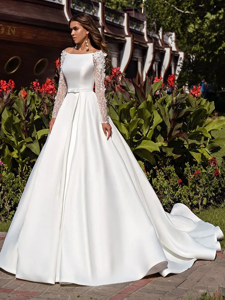 A-Line Elegant Wedding Dresses 2025 Satin Bridal Gowns Lace Appliques Boat Neck Robes Floor Length  Vestidos De Novia Customized 4