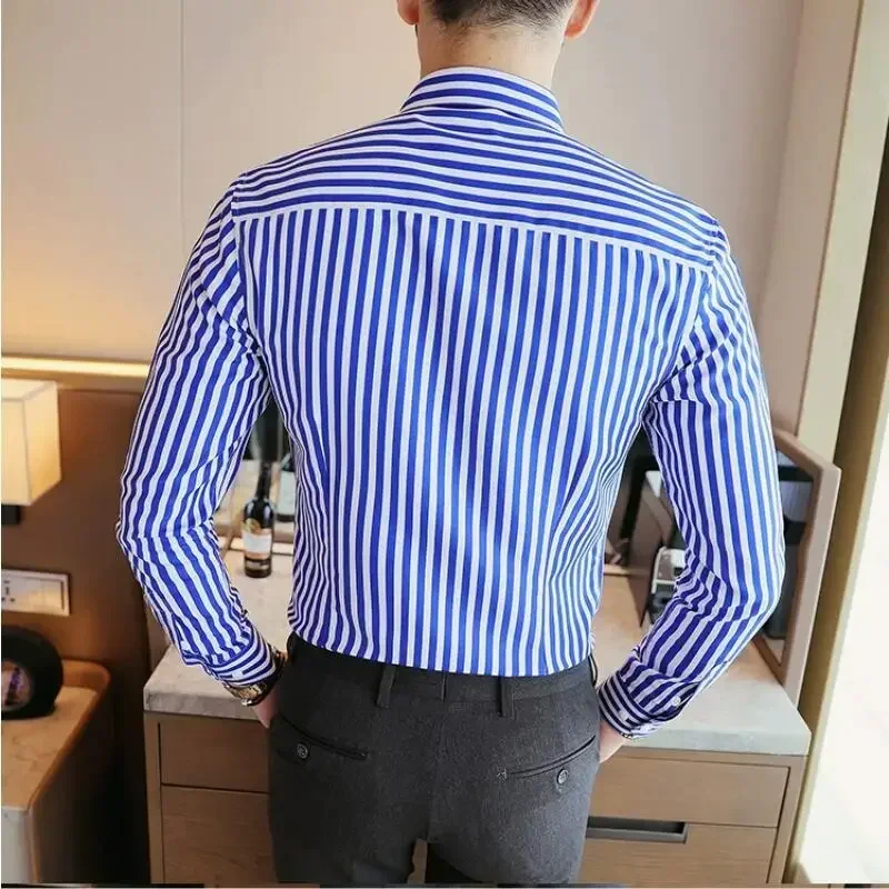 2023 Winter Fleece Thickened Warm Men Striped Shirts Slim Fit Long Sleeves Camisas De Hombre Korean Solid Casual Dress Shirts