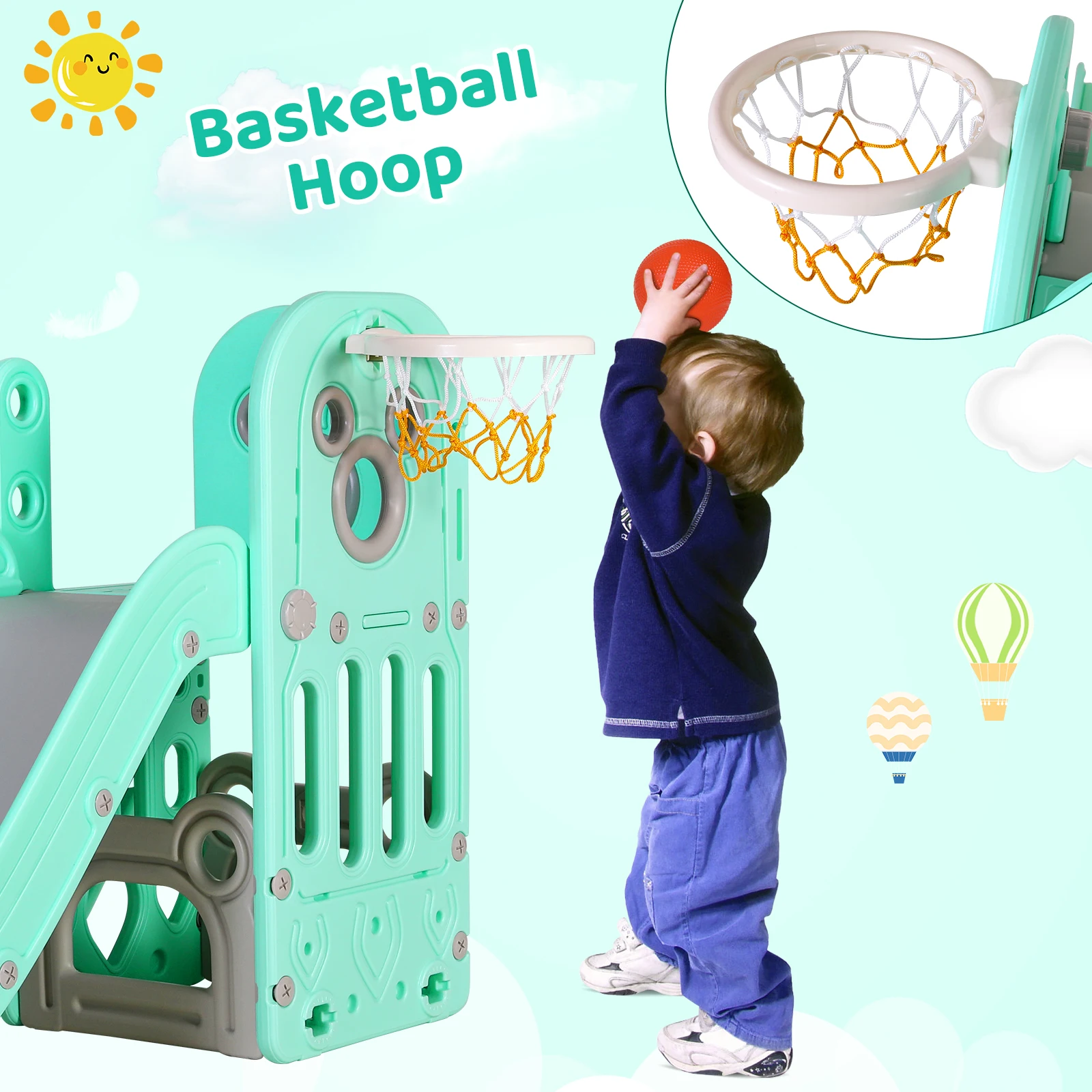 Children's Slide, Indoor Outdoor Slide Climber Playset Slide with Basketball Hoop and Storage Space for Kids Garden Backyard Toy 6