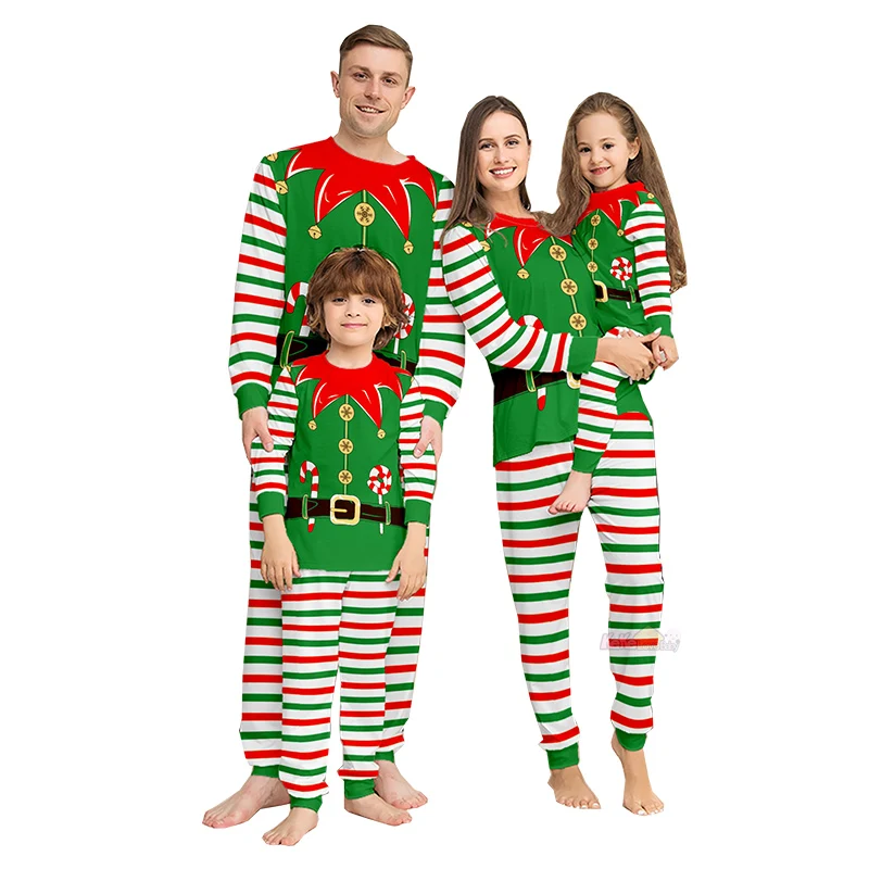 thumbnail image 1 of Conjuntos de pijamas navideños a juego para toda la familia 2024, estampado de rayas verdes, ropa de dormir para adultos, papá, madre e hija, ropa para bebés y niñas, 1 of 5