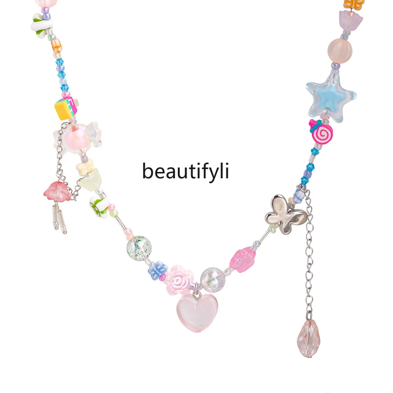 Dopamine Colored Loving Heart Necklace New Temperament Clavicle Chain Sweet Personalized All-Match Fashion Necklace