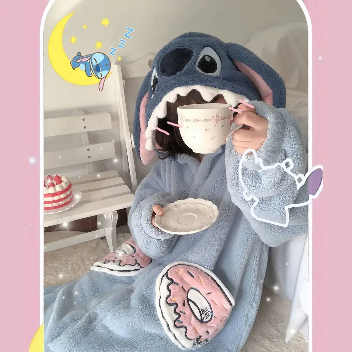 Kawaii Carton Stitch Flannel Sleepwear Pajamas Robe for Women Night Wear Warm Coral Velvet Women's Winter Pajamas Bathrobes