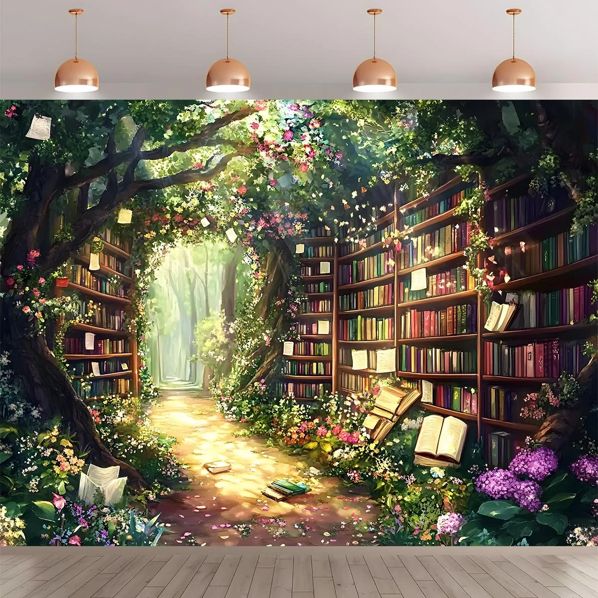 Magic Forest Library Background - Fairy Tale Bookshelf Garden Scene ...