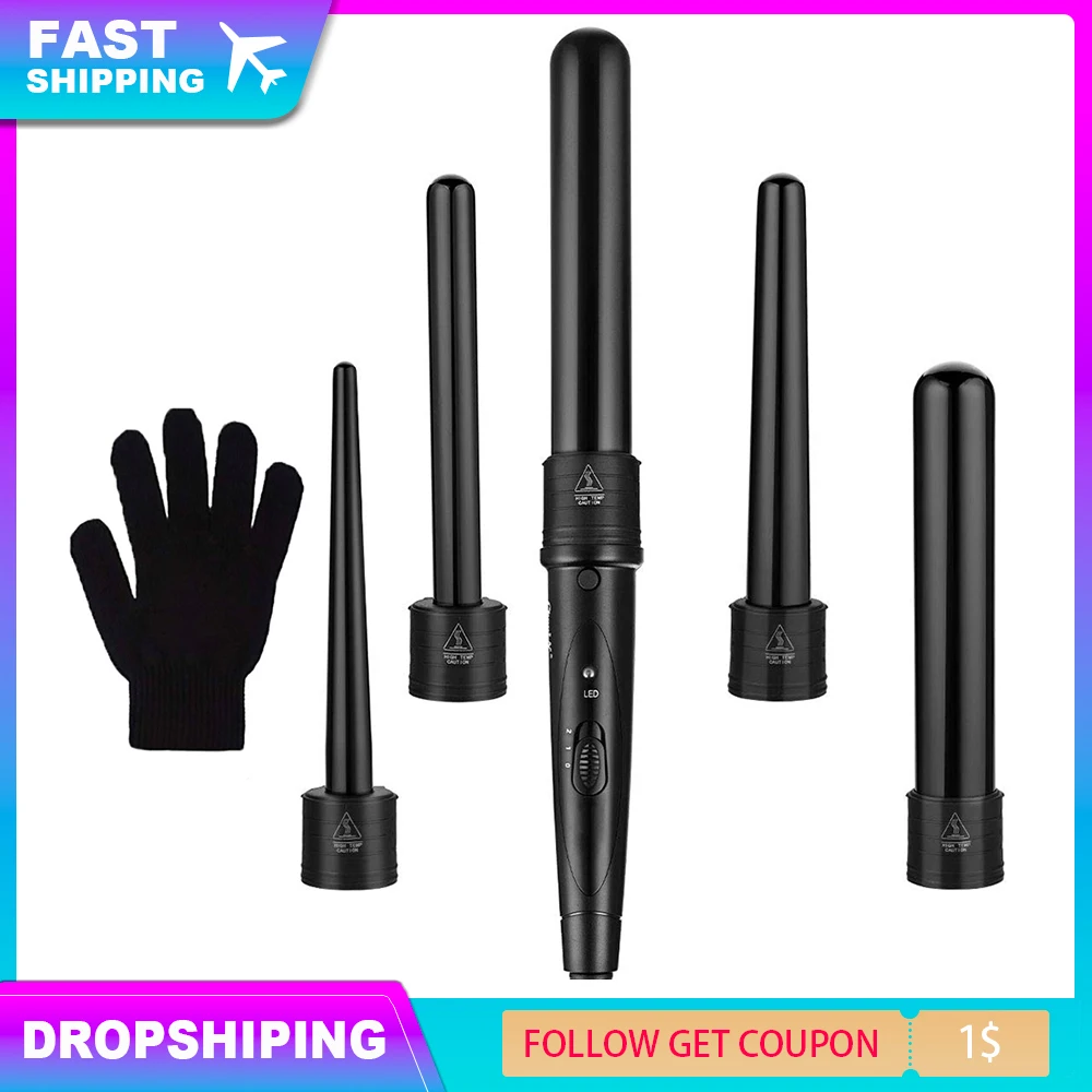 

Professional 5 in 1 Curling Wand Set Interchangeable Styler Hair Curler Waver 3 Barrel Curling Iron