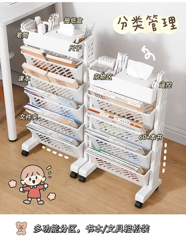 1pc 5/6 Tiers Bookshelf Movable Desk Floor Small Cart Book Storage Shelf  Pen Holder Lesson Document Storage Rack Office Supplies - AliExpress