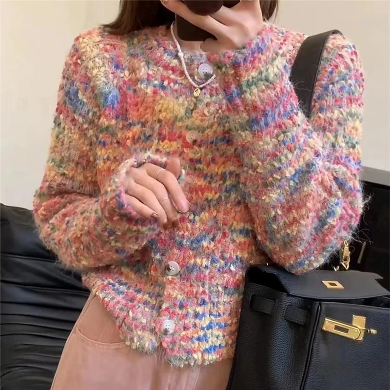 

Sweet Temperament Gentle Style Sweater Lazy Style Colorful Knitted Cardigan Women's Autumn And Winter Short Nich Design Top