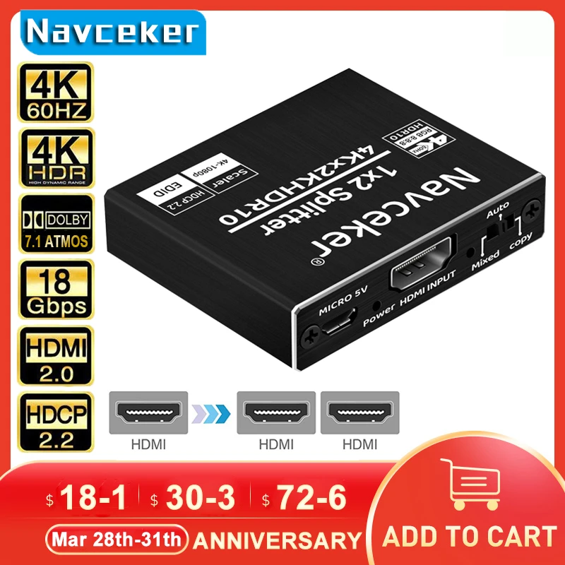 Nuovo 4K 60Hz Hdr Hdmi 2.0 Splitter 1X2 Splitter Hdmi 2.0 4K Supporto Hdcp 2.2 Uhd Hdmi Splitter 2.0 Switch Box Per Proiettore Ps4
