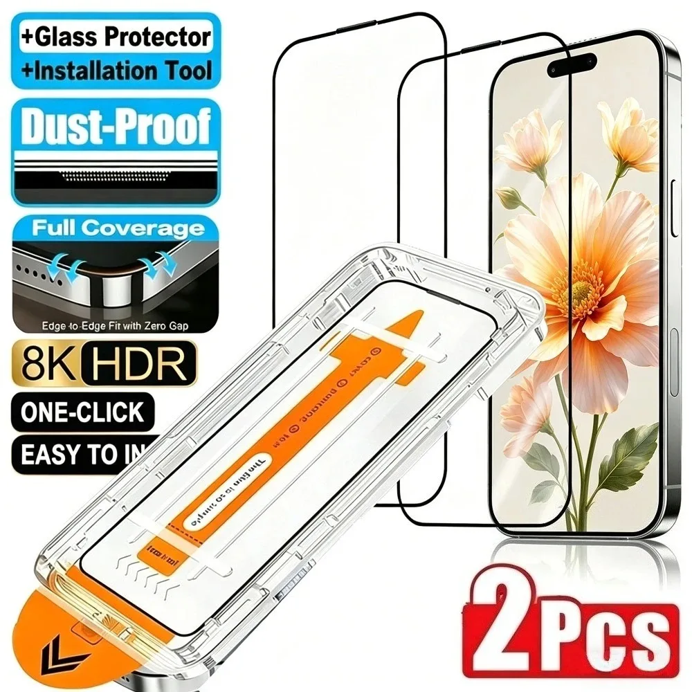 Lot de 2 protections d'écran intégrales pour iPhone 17 16 Pro Max 17e 16e Air 15 14 Plus 15 14 13 Pro – Installation facile en un clic – Verre