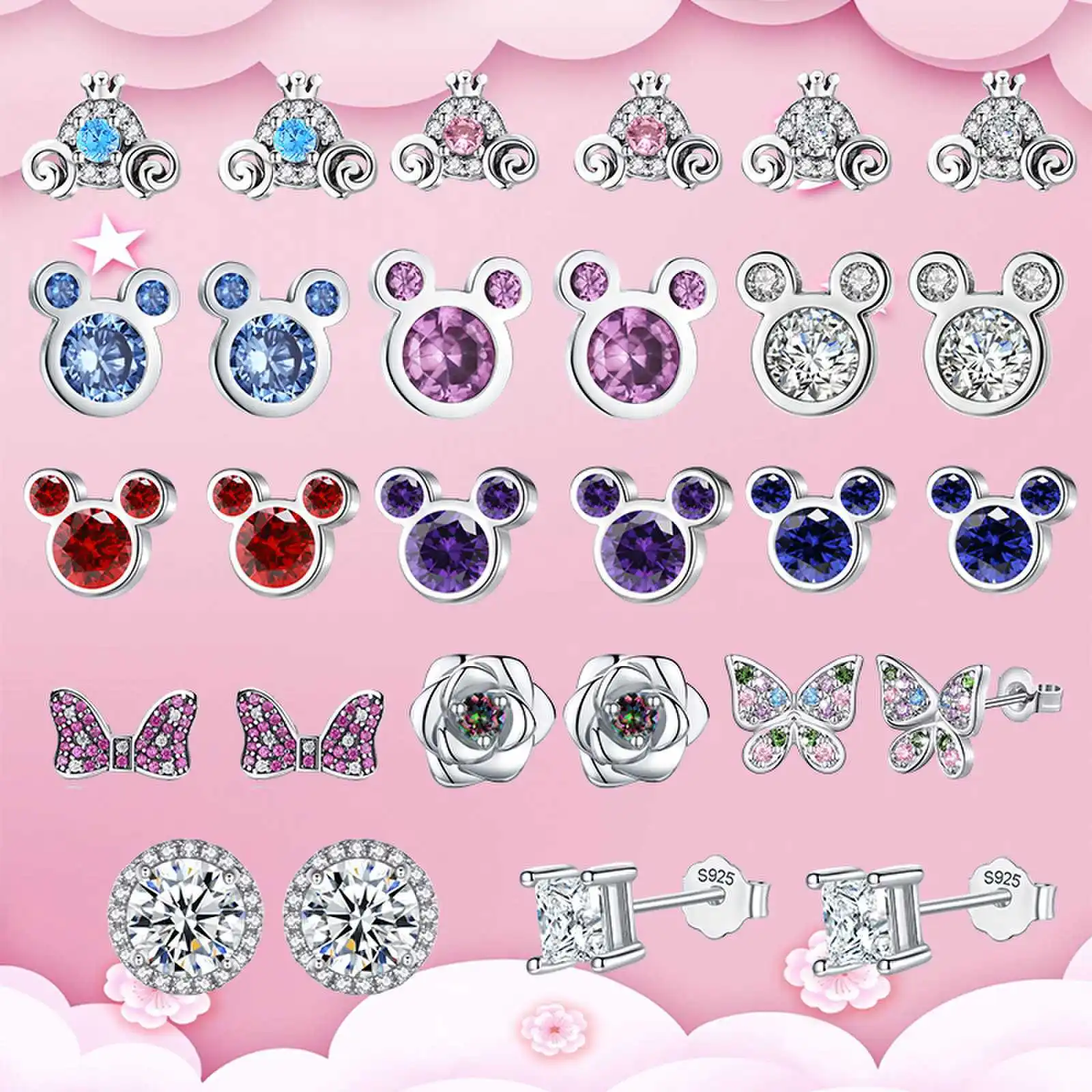  925 Sterling Silver Pumpkin Cart Lovely Mouse Stud Earrings Rose Flower Butterfly Small Earrings Pink Blue Earrings For Women