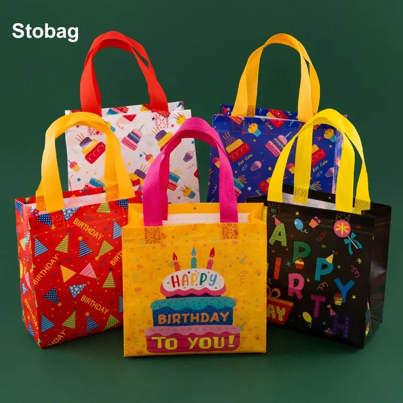 StoBag 12pcs Happy Birthday Non-woven Tote Bags Fabric Gift Package Kids Child Waterproof Storage Reusable Pouch Party Favors