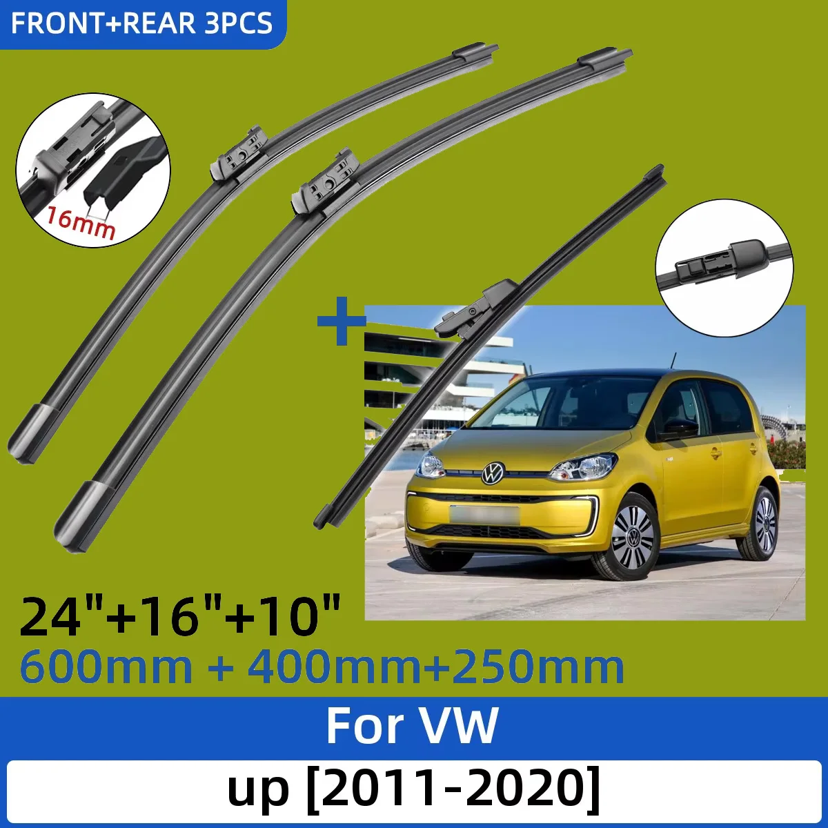 3PCS For VW Up "+16"+10" Front Rear Wiper Blades Windshield Windscreen Window Cutter Accessories