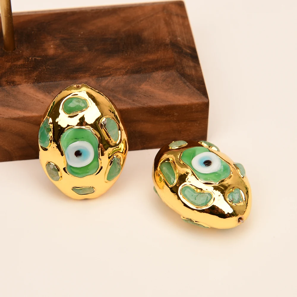 APDGG Wholesale 5 Pcs Natural Chrysoprase Oval Egg Shape Eye Beads Gold Plated For Jewelry Making DIY