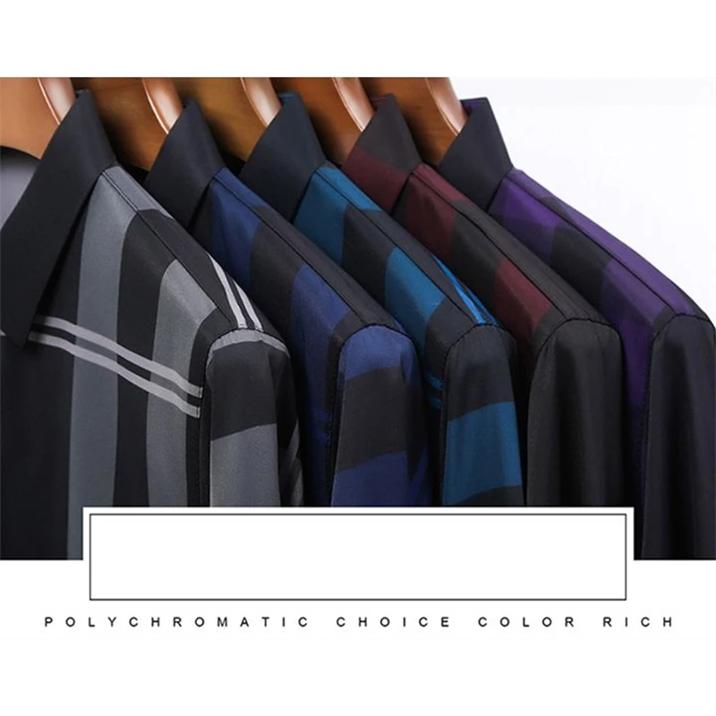 Spring Summer Polo Turn-down Collar Long Sleeve Shirt Men's Stripe Korean Fit Checker Non Ironing Business Fashion Casual Tops