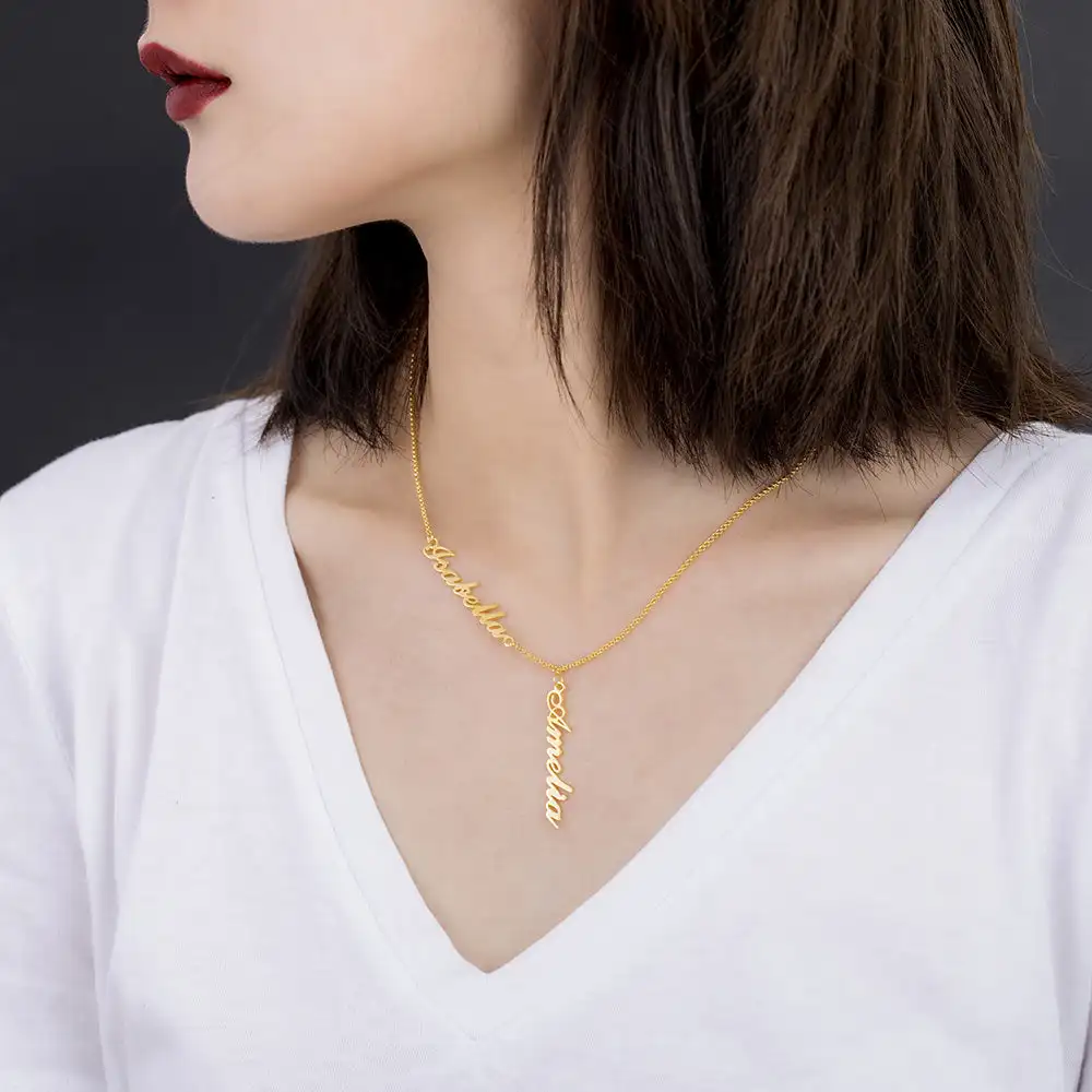 Double Name Cursive Custom Necklace Gold Stainless Steel Personalized Necklace Valentine's Day Gift for Girlfriends