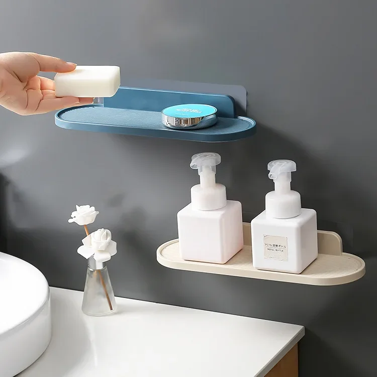 Bathroom Storage Shelf Plastic Wall Mount Shelf Adhesive Soap Shower Shelves Seasoning Bottle Bracket Storage Rack رف تخزين 2