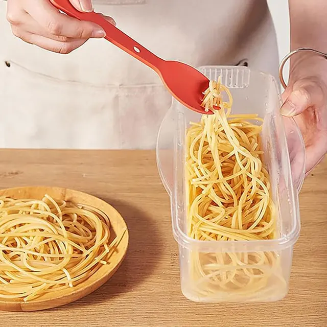 Boîte de cuisson de pâtes au micro-ondes avec filtre, récipient à pâtes résistant à la chaleur avec cuillère à salade, boîte de rangement transparente pour réfrigérateur 1
