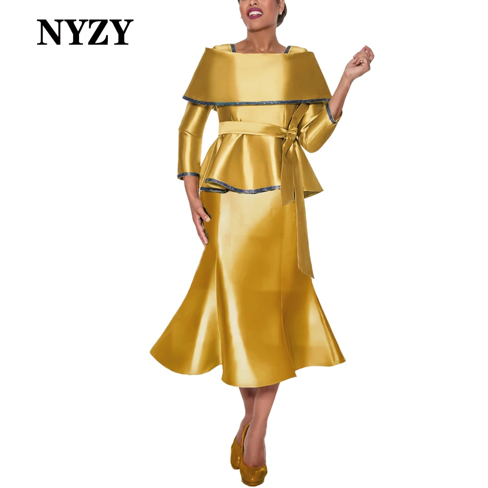 

M406A NYZY Elegant 3/4 Sleeves Satin Beaded Gold Mother of the Bride Groom Dresses 2023 Church Suits Wedding Party Guest Wear