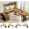 L Shaped Gaming Desk, Drawers & Storage Shelf Reversible Computer Desk with Monitor Stand & Power Outlets, LED Gaming Desk 1