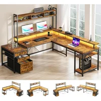 L Shaped Gaming Desk, Drawers & Storage Shelf Reversible Computer Desk with Monitor Stand & Power Outlets, LED Gaming Desk 1