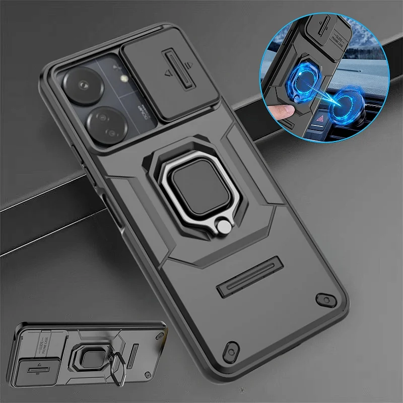 Enhanced Protective Armor Phone Case with Car Magnetic Ring Holder and Lens Protector - Red