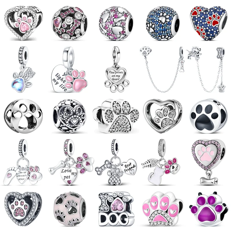 

925 Silver Pet Cat Dog Paw Prints Series Sparkling Heart Beads Pendant Safety Chain Fit Original Pandora Charms Bracelet Jewelry