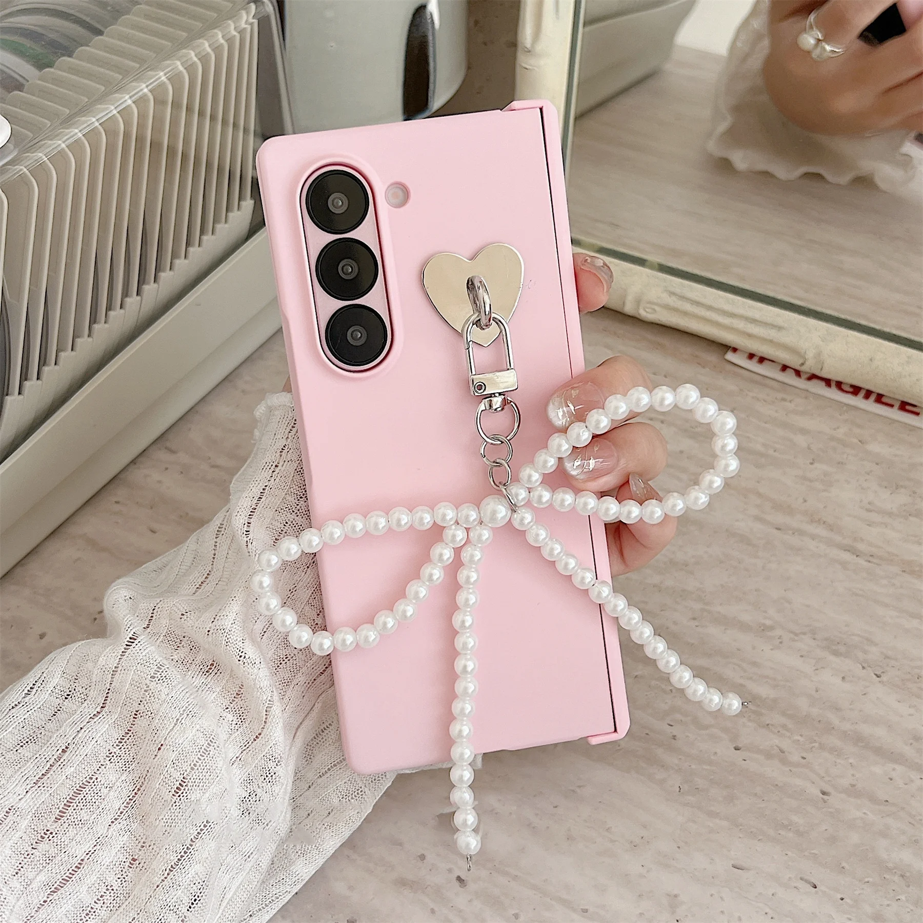 Luxury Simple Pink Phone Case with Pearl Bow Pendant