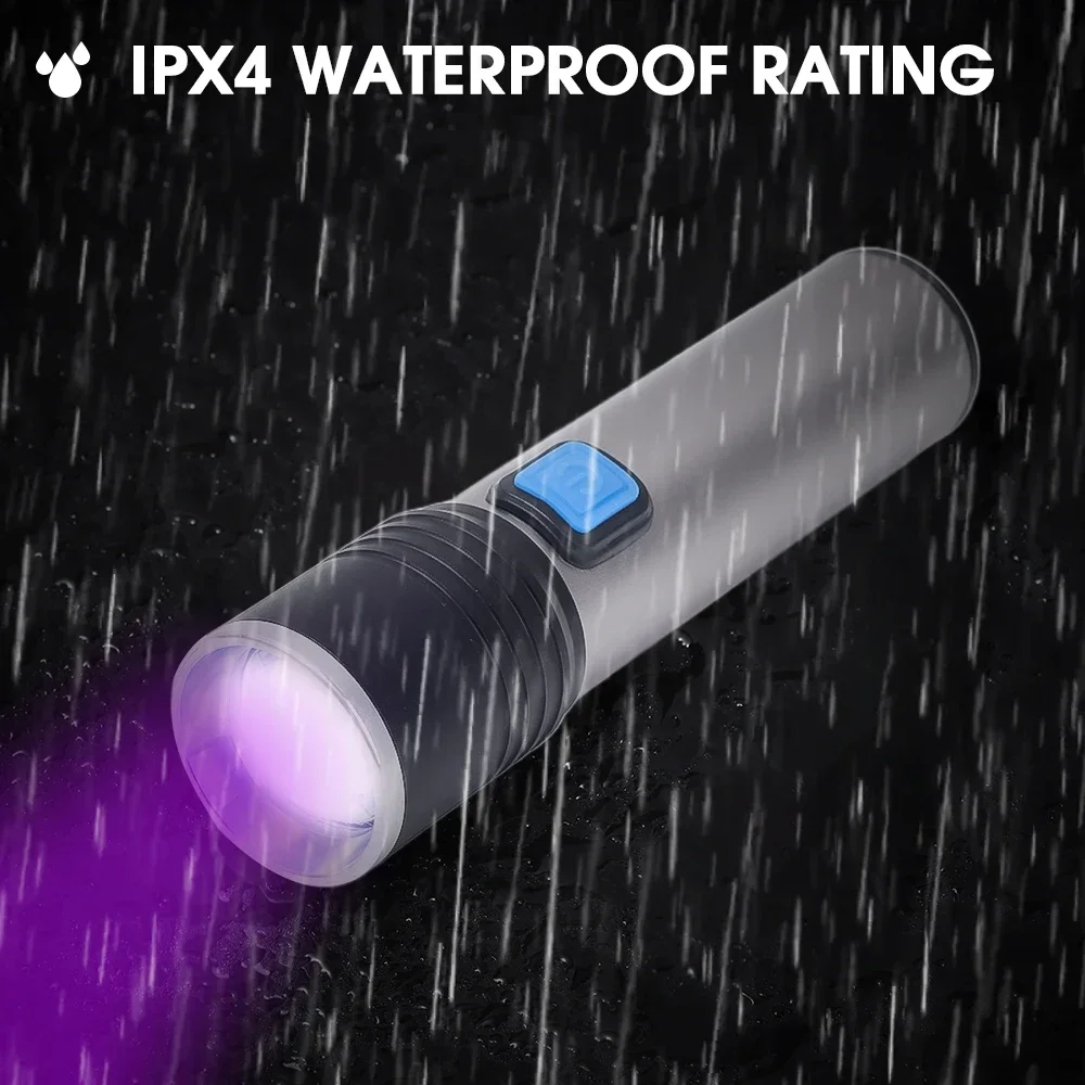 Linterna LED UV de 365/395nm, luz violeta con zoom, recargable por USB, resistente al agua, lámpara de detección de escorpiones de orina de mascotas