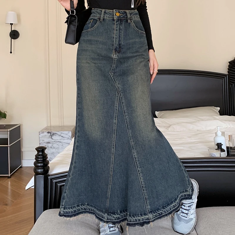 2023 New Design Sense Hairy Edge Spice Girl Fishtail Skirt Elastic Denim Mid-Length Skirt High-Waisted Women A-Line Skirt Y2k