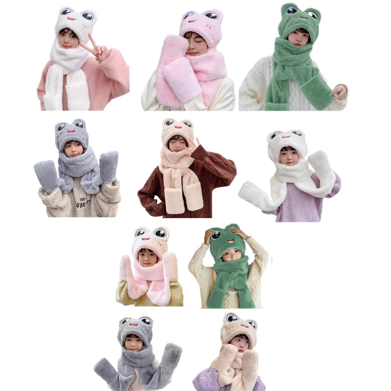 

Frog Hat Hooded Hat Scarf Winter Hat Scarf Gloves Set Winter Wrap Plush Scarf with Pocket Beanie Scarf Gloves