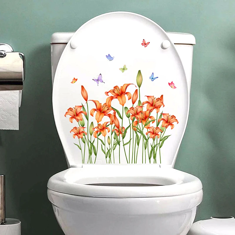C143#Orange Flower Butterfly Wall Sticker Kids Room Background Home Decoration Mural Living Room Wallpaper Funny Decal