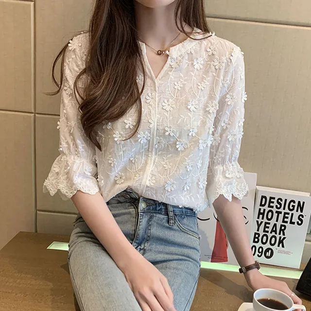 Blusa con bordado estereoscópico para mujer, camisa blanca de encaje, Blusa de algodón Floral de manga corta, 2022|Blusa| - AliExpress