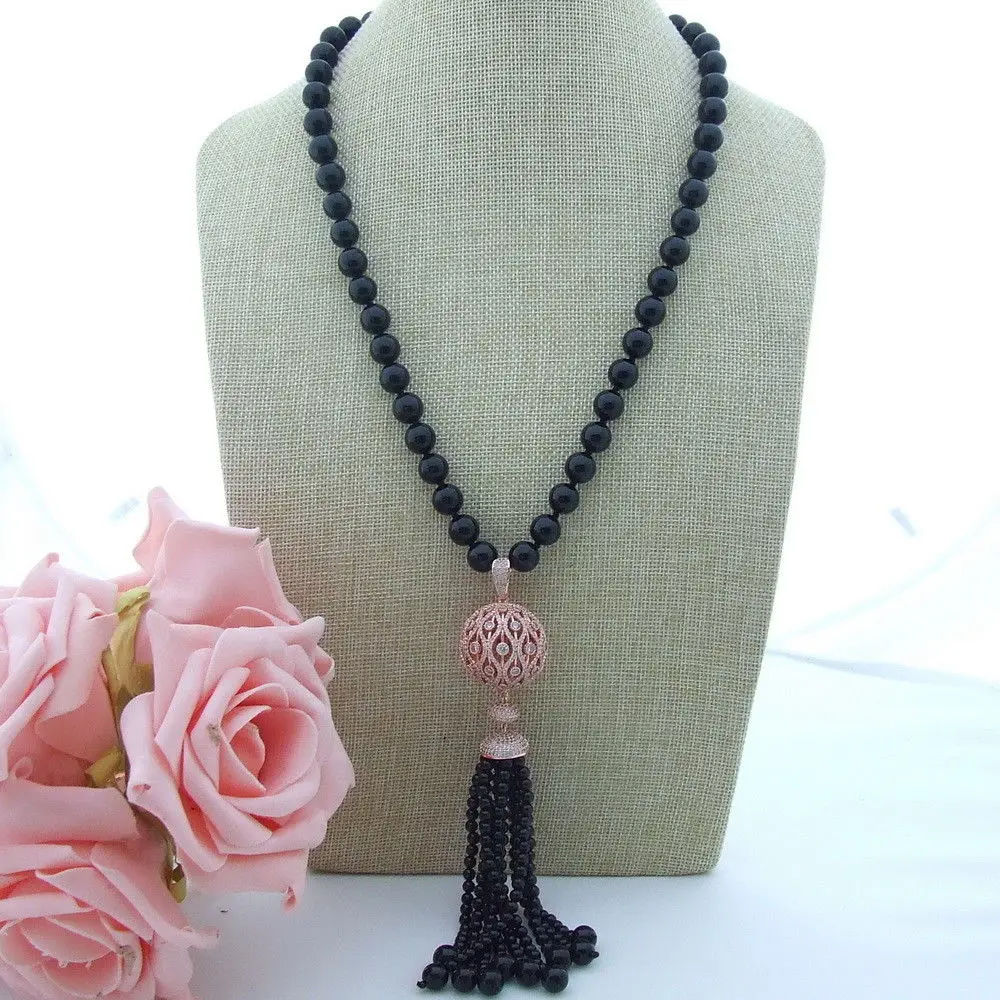 Charming round black onyx necklace micro inlay zircon accessories tassel pendant necklace long 58 cm